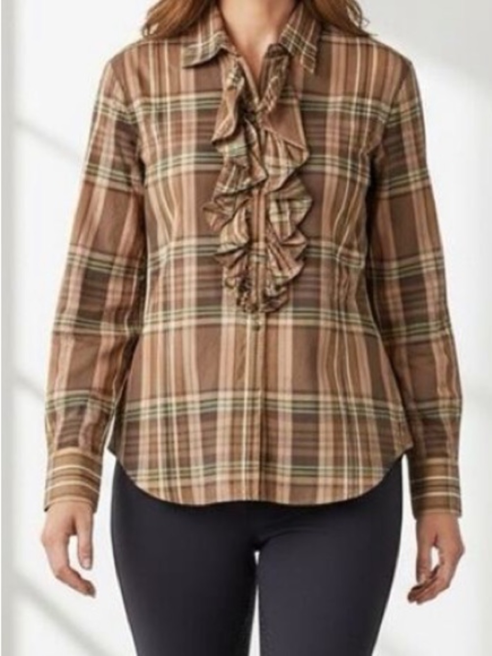 Lauren Ralph Lauren Brown, Tan, Green, Red and White Plaid Ruffled Shirt